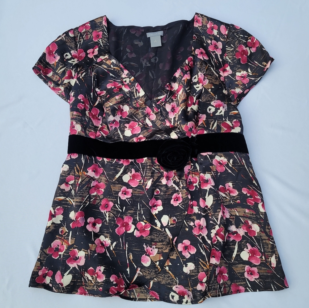 Ann Taylor Silk Floral Blouse, Velvet Trim, Size 6